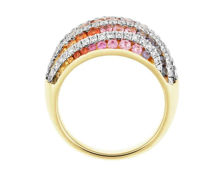 Pierścionek z żółtego złota z brylantami i szafirami kolorowymi - próba 585