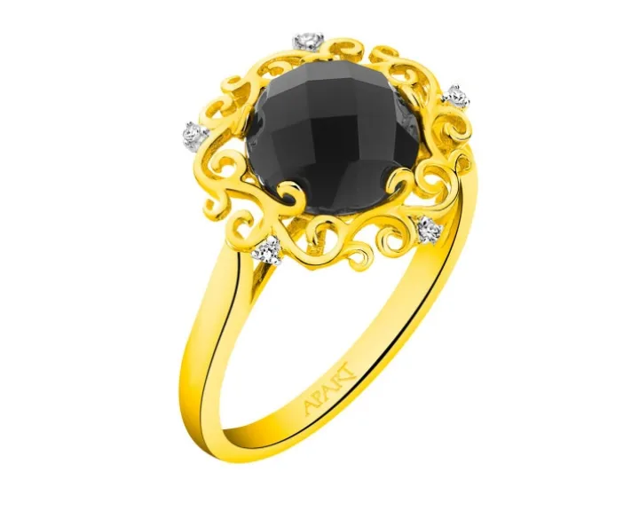 Pierścionek z żółtego złota z diamentami i onyksem - próba 585