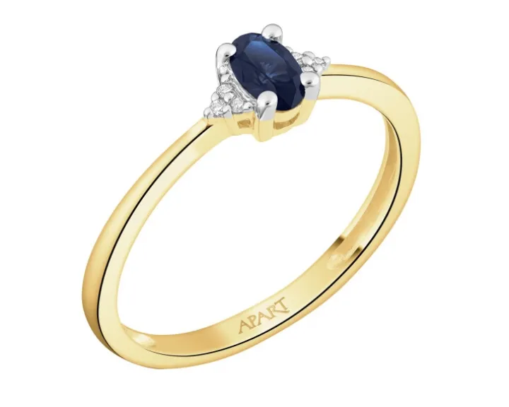 Pierścionek z żółtego złota z diamentami i szafirem - próba 375