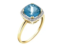Pierścionek z żółtego złota z diamentami i topazem London Blue - próba 585