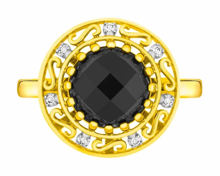 Pierścionek z żółtego złota z diamentami i onyksem - próba 585
