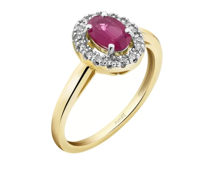 Pierścionek z żółtego złota z diamentami i rubinem - próba 585