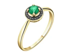 Pierścionek z żółtego złota z czarnymi brylantami i szmaragdem syntetycznym - próba 375