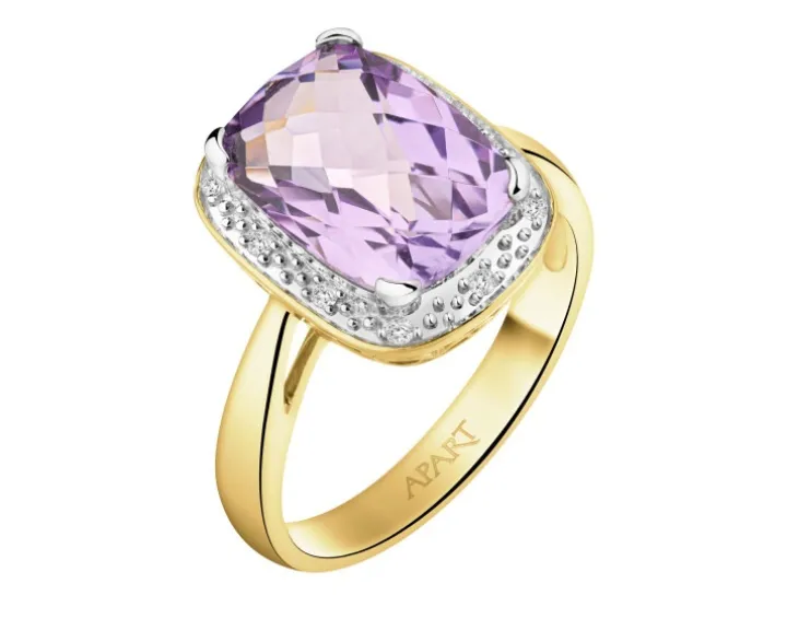 Pierścionek z żółtego złota z diamentami i ametystem - próba 585