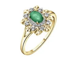Pierścionek z żółtego złota z diamentami, szmaragdem i białymi szafirami - próba 585
