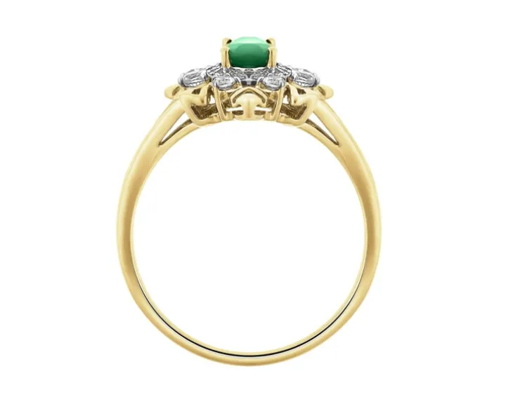Pierścionek z żółtego złota z diamentami, szmaragdem i białymi szafirami - próba 585
