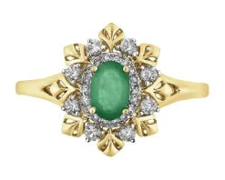 Pierścionek z żółtego złota z diamentami, szmaragdem i białymi szafirami - próba 585