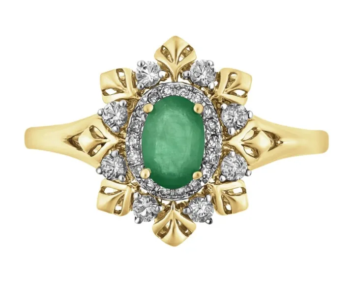 Pierścionek z żółtego złota z diamentami, szmaragdem i białymi szafirami - próba 585