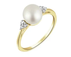 Pierścionek z żółtego złota z diamentami i perłą - próba 585