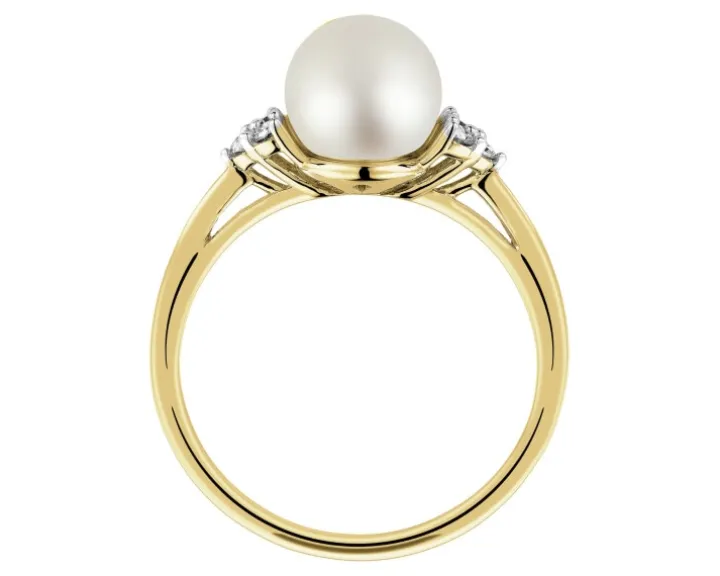 Pierścionek z żółtego złota z diamentami i perłą - próba 585