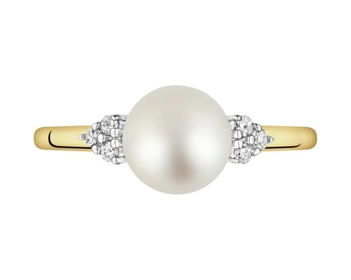 Pierścionek z żółtego złota z diamentami i perłą - próba 585