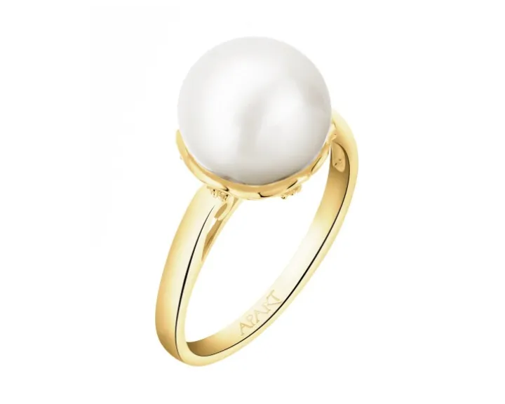Pierścionek z żółtego złota z diamentami i perłą - próba 585
