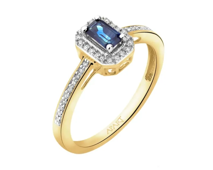 Pierścionek z żółtego złota z diamentami i szafirem - próba 585