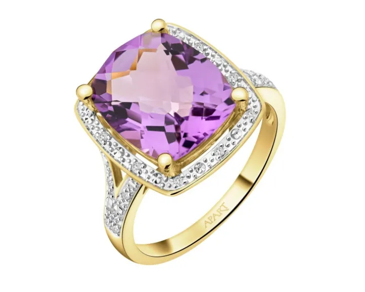 Pierścionek z żółtego złota z diamentami i ametystem - próba 585