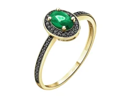 Pierścionek z żółtego złota z czarnymi brylantami i szmaragdem syntetycznym - próba 375