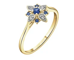 Pierścionek z żółtego złota z brylantami i szafirami syntetycznymi - kwiat - próba 375