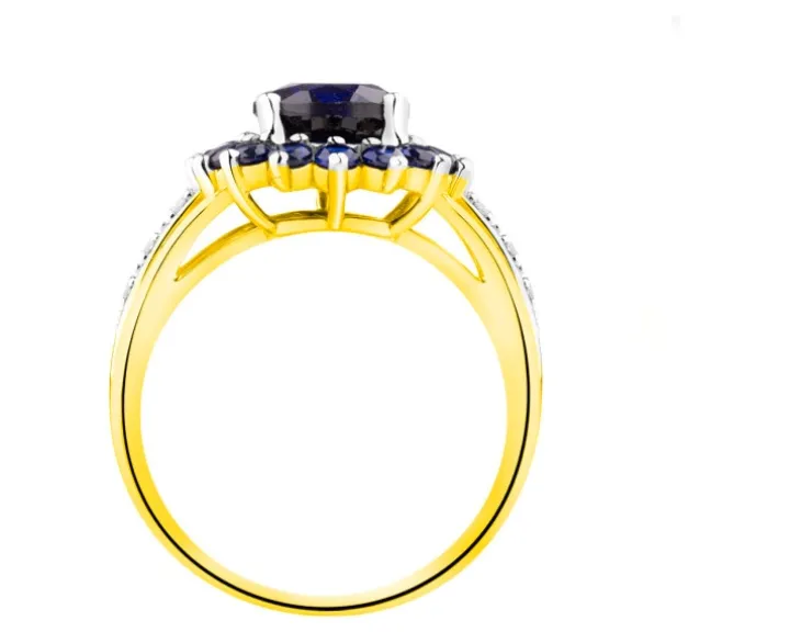 Pierścionek z żółtego złota z brylantami i szafirami syntetycznymi - próba 585