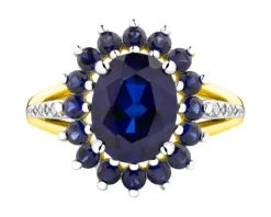 Pierścionek z żółtego złota z brylantami i szafirami syntetycznymi - próba 585