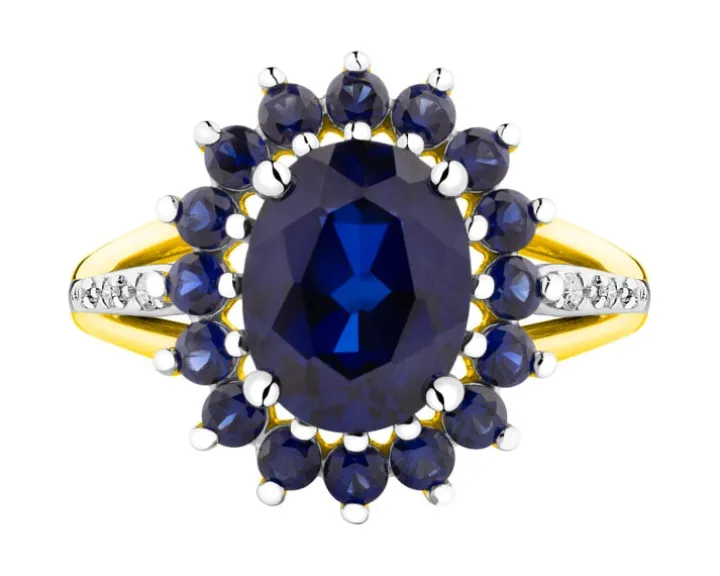 Pierścionek z żółtego złota z brylantami i szafirami syntetycznymi - próba 585