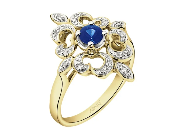 Pierścionek z żółtego złota z brylantami i szafirem - próba 585