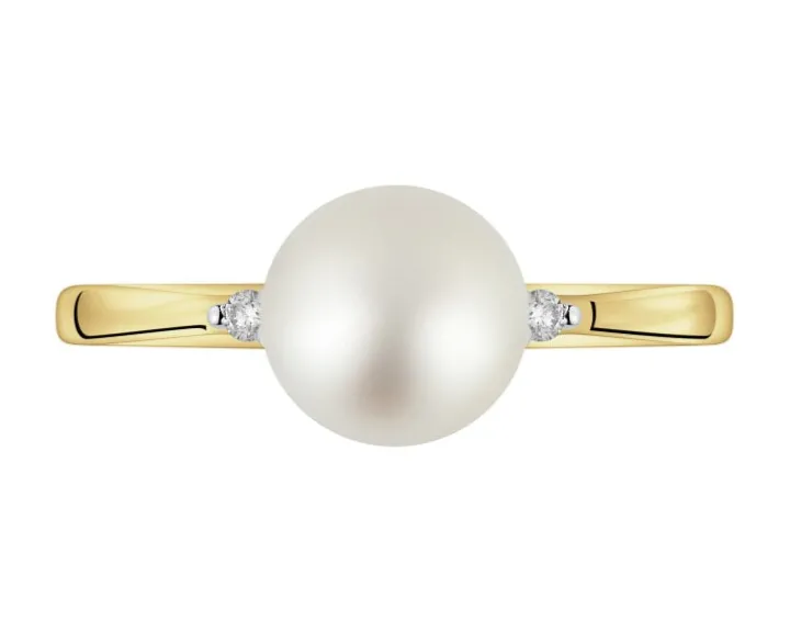 Pierścionek z żółtego złota z brylantami i perłą - próba 375