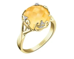 Pierścionek z żółtego złota z diamentami i cytrynem - liście - próba 585