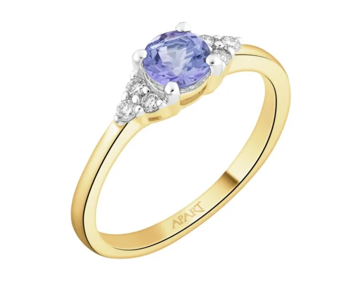 Pierścionek z żółtego złota z brylantami i tanzanitem - próba 585