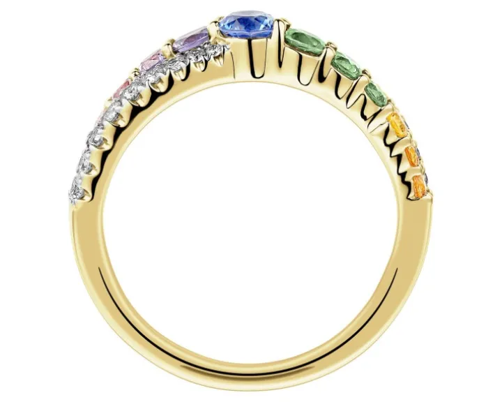 Pierścionek z żółtego złota z brylantami i szafirami kolorowymi - próba 585