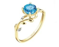 Pierścionek z żółtego złota z diamentami i topazem - liście - próba 375