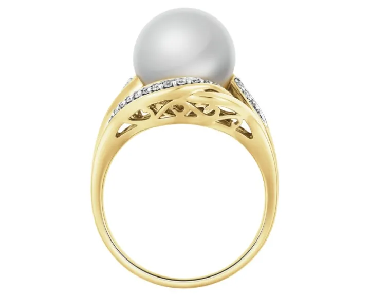 Pierścionek z żółtego złota z brylantami i perłą South Sea - próba 750