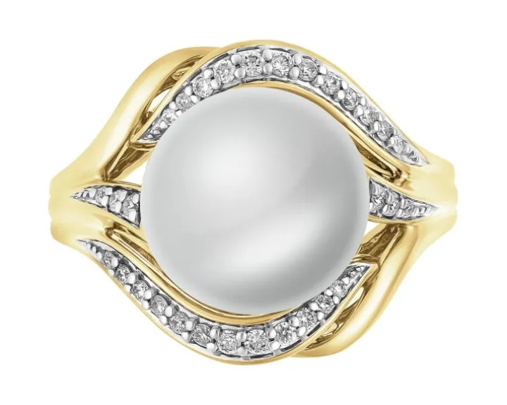 Pierścionek z żółtego złota z brylantami i perłą South Sea - próba 750