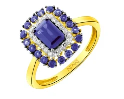 Pierścionek z żółtego złota z brylantem i topazami - próba 375