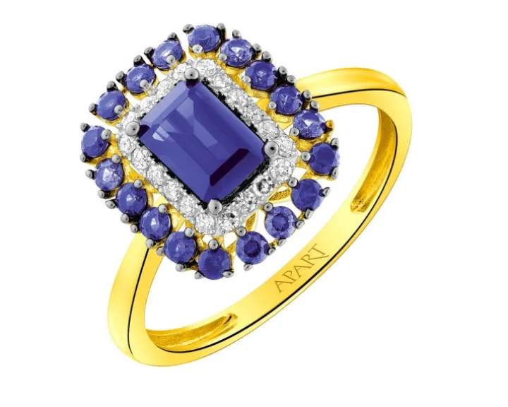 Pierścionek z żółtego złota z brylantem i topazami - próba 375