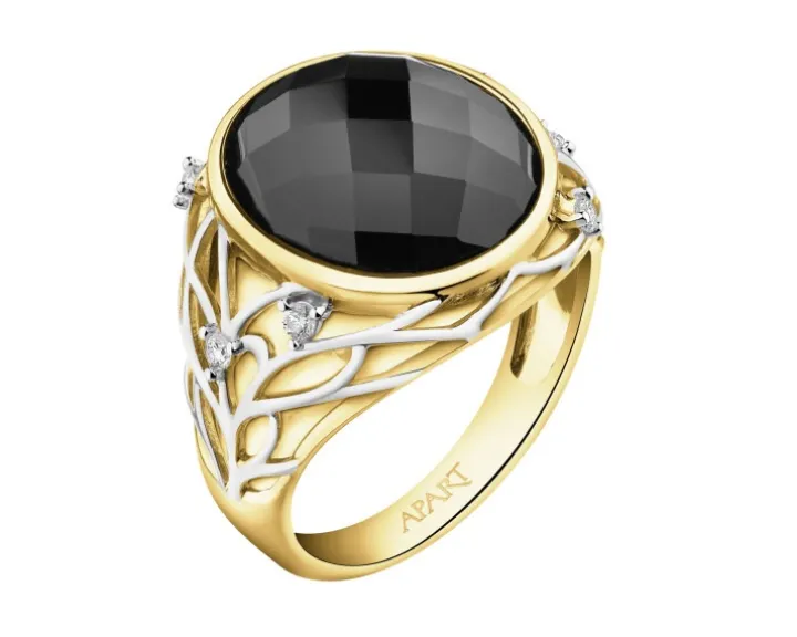 Pierścionek z żółtego złota z brylantami i onyksem - próba 585