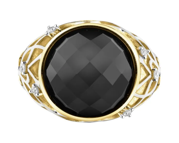 Pierścionek z żółtego złota z brylantami i onyksem - próba 585