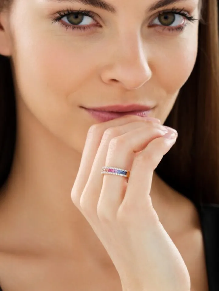 Pierścionek z żółtego złota z brylantami i szafirami kolorowymi - próba 585