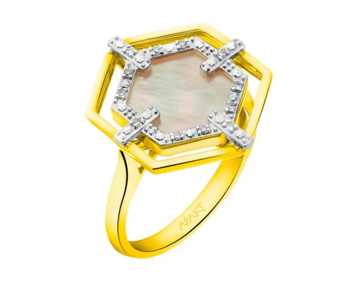 Pierścionek z żółtego złota z diamentami i masą perłową - próba 585