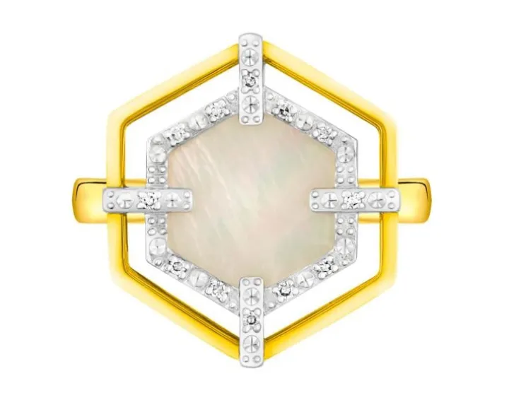 Pierścionek z żółtego złota z diamentami i masą perłową - próba 585