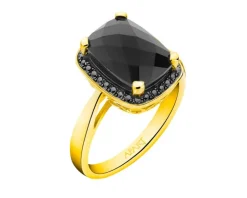 Pierścionek z żółtego złota z czarnymi brylantami i onyksem - próba 585