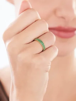 Pierścionek z żółtego złota z diamentami i szmaragdami syntetycznymi - próba 585