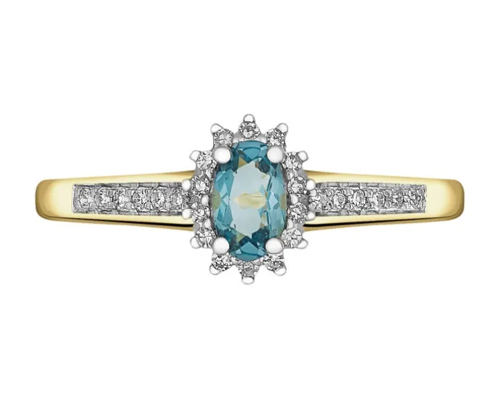 Pierścionek z żółtego złota z diamentami i topazem London Blue - próba 375