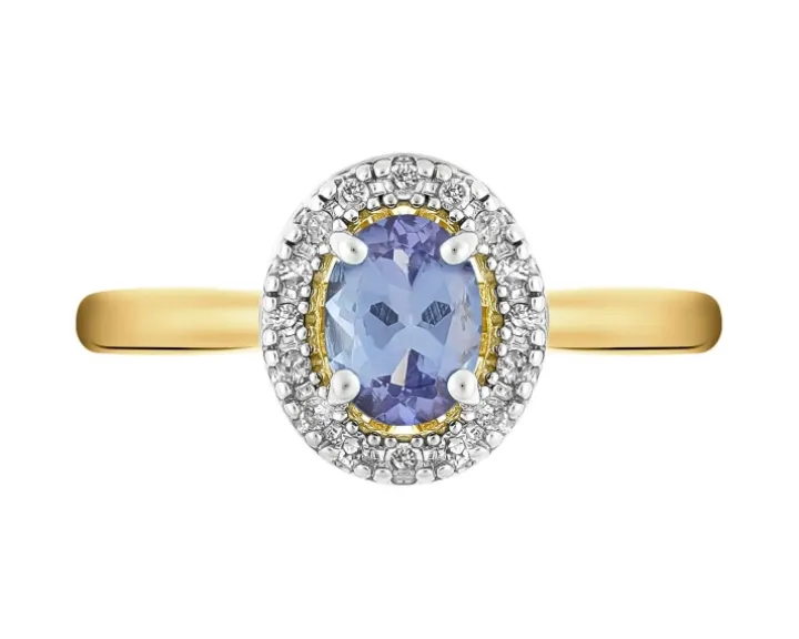 Pierścionek z żółtego złota z diamentami i tanzanitem - próba 585