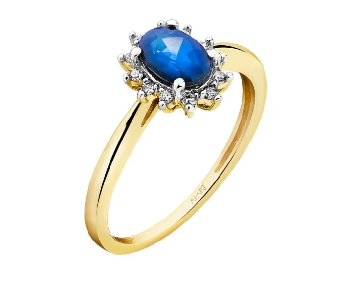 Pierścionek z żółtego złota z diamentami i szafirem - próba 585