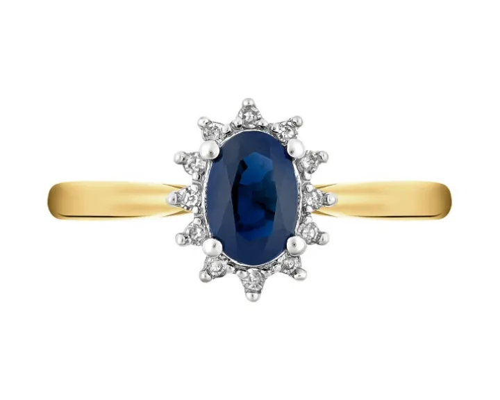 Pierścionek z żółtego złota z diamentami i szafirem - próba 585