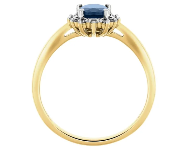 Pierścionek z żółtego złota z diamentami i szafirem - próba 585