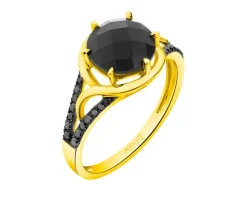 Pierścionek z żółtego złota z czarnymi brylantami i onyksem - próba 585