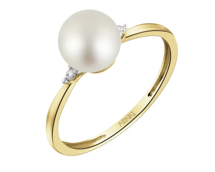 Pierścionek z żółtego złota z brylantami i perłą - próba 585