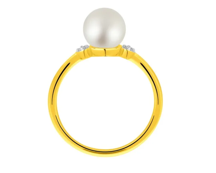 Pierścionek z żółtego złota z brylantami i perłą - próba 585