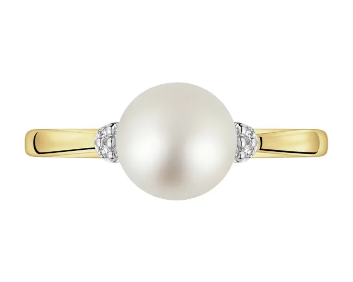 Pierścionek z żółtego złota z brylantami i perłą - próba 585