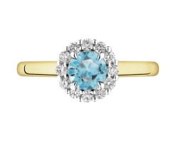 Pierścionek z żółtego złota z brylantami i topazem London Blue - próba 585